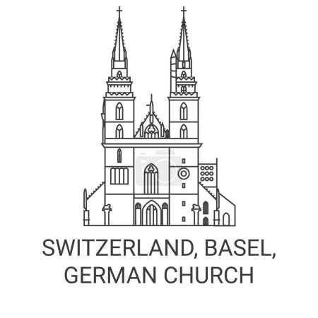 Téléchargez les illustrations : Suisse, Bâle, Allemagne Illustration vectorielle de ligne de voyage de l'église - en licence libre de droit