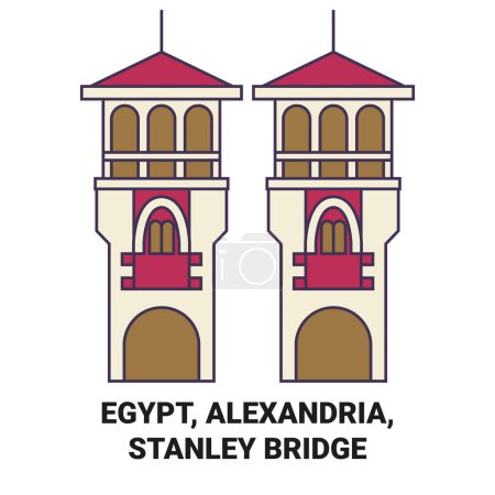 Téléchargez les illustrations : Égypte, Alexandrie, Stanley Bridge illustration vectorielle de ligne de voyage - en licence libre de droit