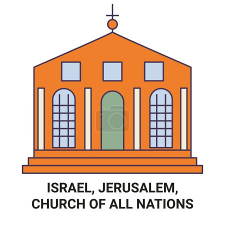 Téléchargez les illustrations : Israël, Jérusalem, Église de tous les Peuples illustration vectorielle de ligne de voyage - en licence libre de droit