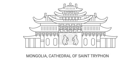 Téléchargez les illustrations : Mongolie, Cathédrale de Saint Tryphon, illustration vectorielle de ligne de repère de voyage - en licence libre de droit