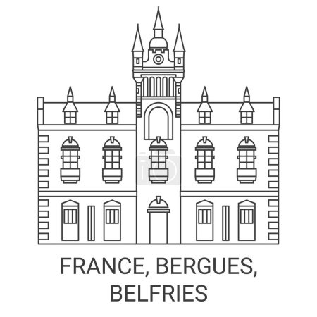 Illustration for France, Bergues, Belfries, travel landmark line vector illustration - Royalty Free Image