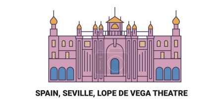 Téléchargez les illustrations : Espagne, Séville, Théâtre Lope De Vega, illustration vectorielle de ligne de repère de voyage - en licence libre de droit