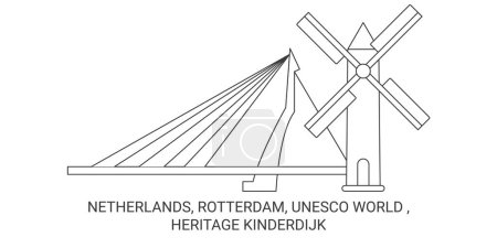 Téléchargez les illustrations : Pays-Bas, Rotterdam, Unesco, Patrimoine mondial Kinderdijk voyages illustration vectorielle de ligne historique - en licence libre de droit