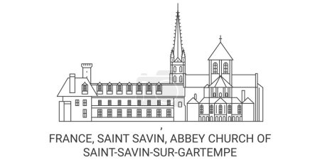 Ilustración de Francia, Saint Savin, Abadía Iglesia de Saintsavinsurgartempe viaje hito línea vector ilustración - Imagen libre de derechos