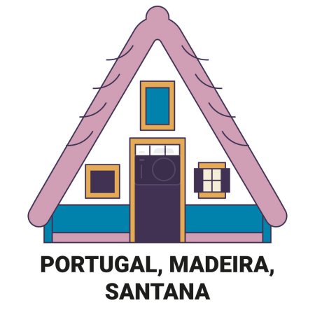 Ilustración de Portugal, Madeira, Santana viaje hito línea vector ilustración - Imagen libre de derechos