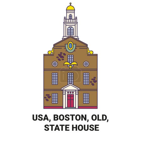 Ilustración de EE.UU., Boston, Antiguo, Casa del Estado de viaje hito línea vector ilustración - Imagen libre de derechos