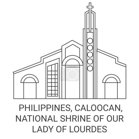 Téléchargez les illustrations : Philippines, Caloocan, Sanctuaire national de Notre-Dame de Lourdes illustration vectorielle de ligne de voyage historique - en licence libre de droit
