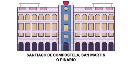 Téléchargez les illustrations : Espagne, Santiago De Compostela, San Martin Illustration vectorielle de ligne de voyage Pinario - en licence libre de droit