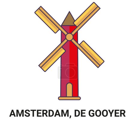 Téléchargez les illustrations : Pays-Bas, Amsterdam, illustration vectorielle de ligne de voyage De Gooyer - en licence libre de droit