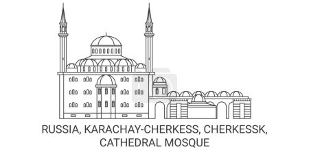 Téléchargez les illustrations : Russie, Karachaycherkess, Tcherkessk, Cathédrale Mosquée Voyage illustration vectorielle ligne historique - en licence libre de droit