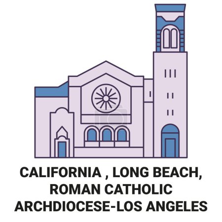 Ilustración de Estados Unidos, California, Long Beach, Arquidiócesis Católica Romana Ángeles viaje hito línea vector ilustración - Imagen libre de derechos