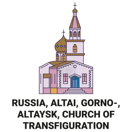 Téléchargez les illustrations : Russie, Altaï, Gorno, Altaysk, Eglise de la Transfiguration Voyage illustration vectorielle ligne historique - en licence libre de droit