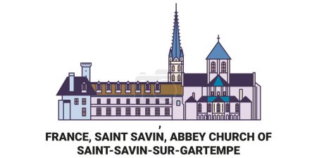 Ilustración de Francia, Saint Savin, Abadía Iglesia de Saintsavinsurgartempe viaje hito línea vector ilustración - Imagen libre de derechos
