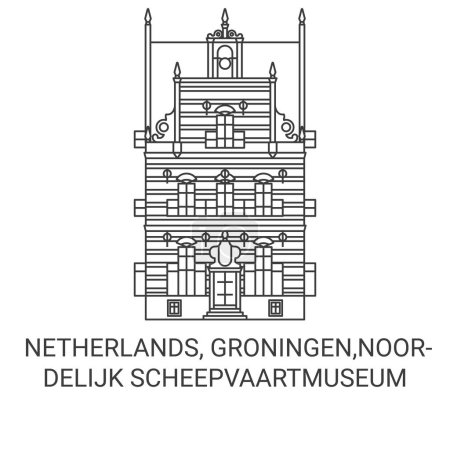 Illustration for Netherlands, Groningen, Noordelijk Scheepvaartmuseum travel landmark line vector illustration - Royalty Free Image