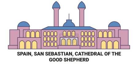 Téléchargez les illustrations : Espagne, San Sebastian, Cathédrale du Bon Pasteur illustration vectorielle de ligne de voyage - en licence libre de droit