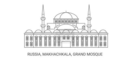 Illustration for Russia, Makhachkala, Grand Mosque, travel landmark line vector illustration - Royalty Free Image