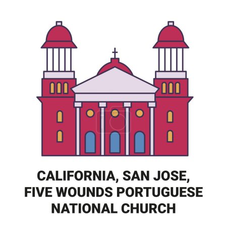 Ilustración de Estados Unidos, California, San José, Cinco Heridas Iglesia Nacional Portuguesa viaje hito línea vector ilustración - Imagen libre de derechos