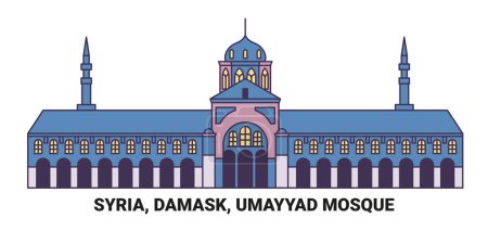Téléchargez les illustrations : Syrie, Damas, Mosquée omeyyade, illustration vectorielle de ligne de repère de voyage - en licence libre de droit
