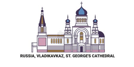 Téléchargez les illustrations : Russie, Vladikavkaz, Cathédrale Saint-Georges, illustration vectorielle de ligne de repère de voyage - en licence libre de droit
