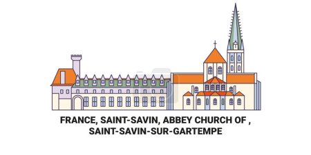 Ilustración de Francia, Saintsavin, Abadía Iglesia de, Saintsavinsurgartempe viaje hito línea vector ilustración - Imagen libre de derechos