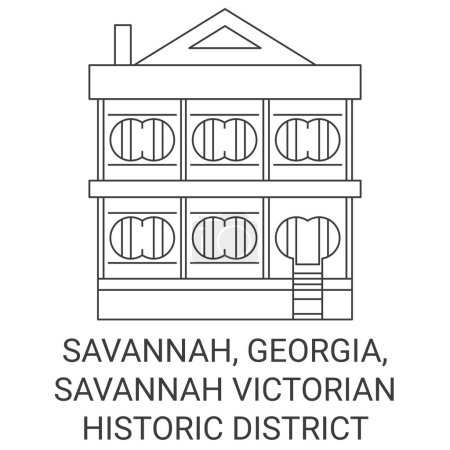 Téléchargez les illustrations : États-Unis, Savannah, Géorgie, Savannah Victorian Historic District voyages illustration vectorielle de ligne historique - en licence libre de droit