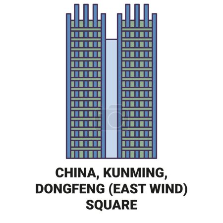 Illustration for China, Kunming, Dongfeng East Wind Square travel landmark line vector illustration - Royalty Free Image