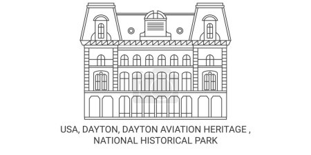 Téléchargez les illustrations : Usa, Dayton, Dayton Aviation Heritage, illustration vectorielle de ligne de repère de voyage du parc historique national - en licence libre de droit