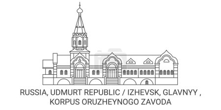 Illustration for Russia, Udmurt Republic Izhevsk, Glavnyy , Korpus Oruzheynogo Zavoda travel landmark line vector illustration - Royalty Free Image