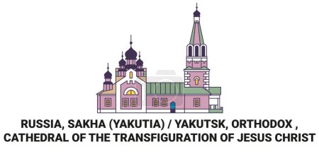 Téléchargez les illustrations : Russie, Sakha Yakutia Yakutsk, Orthodoxe, Cathédrale de la Transfiguration de Jésus-Christ voyages illustration vectorielle ligne historique - en licence libre de droit