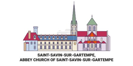 Illustration for France, Saintsavinsurgartempe, Abbey Church Of Saintsavinsurgartempe travel landmark line vector illustration - Royalty Free Image
