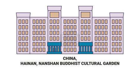 Téléchargez les illustrations : Chine, Hainan, Nanshan Bouddhiste Jardin culturel Voyage illustration vectorielle ligne historique - en licence libre de droit