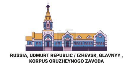 Ilustración de Rusia, Udmurt República Izhevsk, Glavnyy, Korpus Oruzheynogo Zavoda viaje hito línea vector ilustración - Imagen libre de derechos