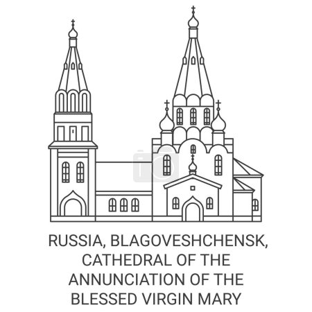 Ilustración de Rusia, Blagoveshchensk, Catedral De La Anunciación De La Santísima Virgen María viaje hito línea vector ilustración - Imagen libre de derechos