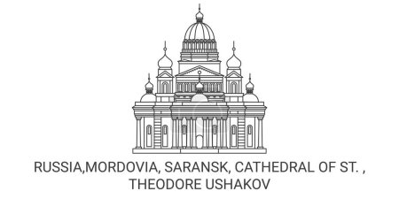 Illustration for Russia,Mordovia, Saransk, Cathedral Of St. , Theodore Ushakov travel landmark line vector illustration - Royalty Free Image