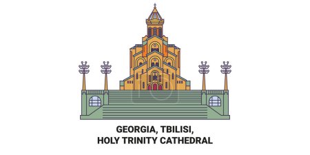 Ilustración de Georgia, Tiflis, Catedral de la Santísima Trinidad recorrido hito línea vector ilustración - Imagen libre de derechos