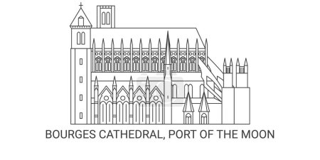 Téléchargez les illustrations : France, Cathédrale de Bourges, Port de la Lune, illustration vectorielle de ligne de repère de voyage - en licence libre de droit