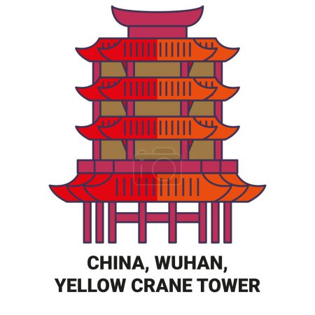 Illustration for China, Wuhan, Yellow Crane Tower travel landmark line vector illustration - Royalty Free Image