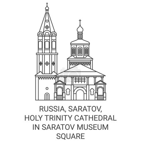 Ilustración de Rusia, Saratov, Catedral de la Santísima Trinidad En Saratov Plaza del Museo de viaje hito línea vector ilustración - Imagen libre de derechos