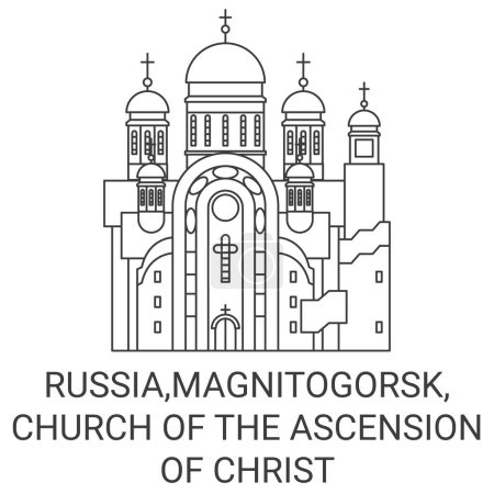 Téléchargez les illustrations : Russie, Magnitogorsk, Eglise de l'Ascension du Christ illustration vectorielle de ligne de voyage historique - en licence libre de droit