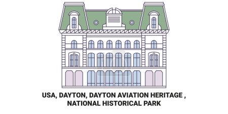Téléchargez les illustrations : Usa, Dayton, Dayton Aviation Heritage, illustration vectorielle de ligne de repère de voyage du parc historique national - en licence libre de droit