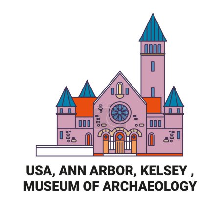 Ilustración de EE.UU., Ann Arbor, Kelsey, Museo de Arqueología viaje hito línea vector ilustración - Imagen libre de derechos
