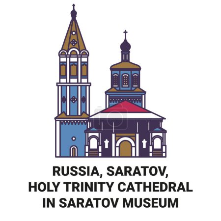 Ilustración de Rusia, Saratov, Catedral de la Santísima Trinidad En Saratov Plaza del Museo de viaje hito línea vector ilustración - Imagen libre de derechos