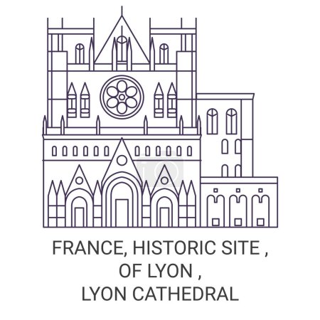 Ilustración de Francia, Sitio histórico, De Lyon, Catedral de Lyon recorrido hito línea vector ilustración - Imagen libre de derechos
