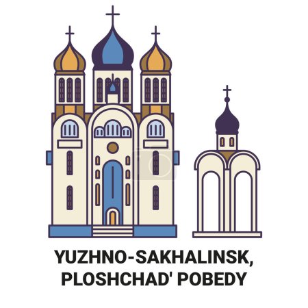 Illustration for Russia, Yuzhnosakhalinsk, Ploshchad Pobedy travel landmark line vector illustration - Royalty Free Image