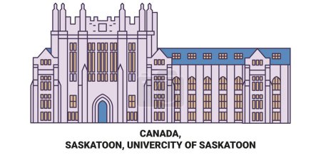 Téléchargez les illustrations : Canada, Saskatoon, Université de Saskatoon illustration vectorielle de ligne de repère de voyage - en licence libre de droit