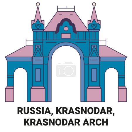 Téléchargez les illustrations : Russie, Krasnodar, Krasnodar Arch Travel illustration vectorielle de ligne historique - en licence libre de droit