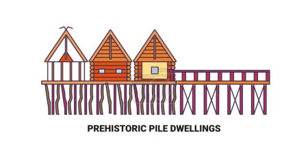 Téléchargez les illustrations : Autriche, Prehistoric Pile Dwellings Travel illustration vectorielle de ligne historique - en licence libre de droit
