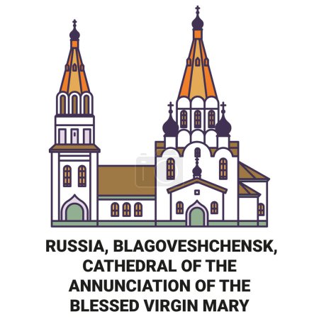 Ilustración de Rusia, Blagoveshchensk, Catedral De La Anunciación De La Santísima Virgen María viaje hito línea vector ilustración - Imagen libre de derechos