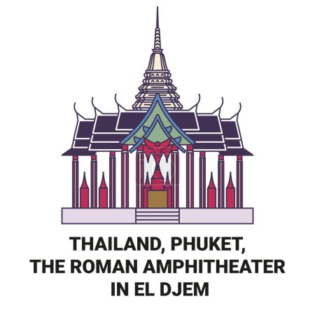 Illustration for Thailand, Phuket, The Roman Amphitheater In El Djem travel landmark line vector illustration - Royalty Free Image