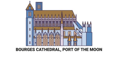 Téléchargez les illustrations : France, Cathédrale de Bourges, Port de la Lune, illustration vectorielle de ligne de repère de voyage - en licence libre de droit